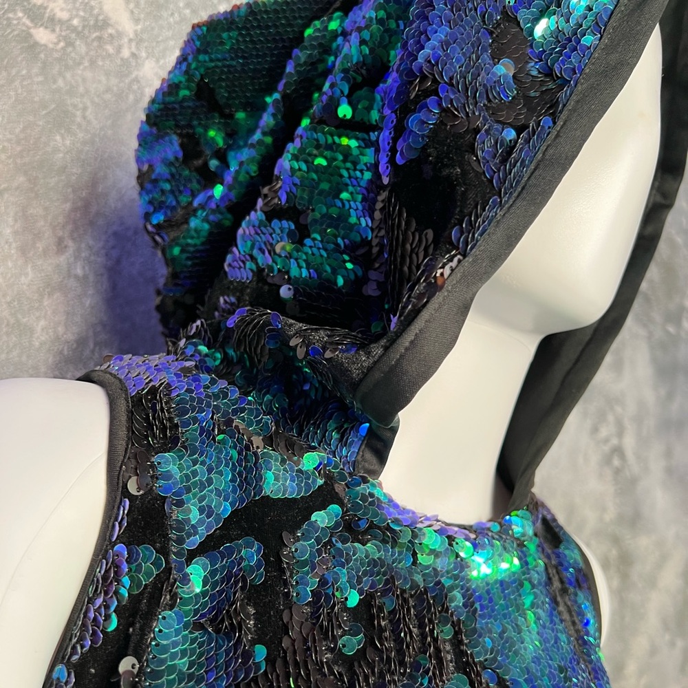 Reversible Sequins Festival Hood chameleon Teal Blue and Purple Unisex